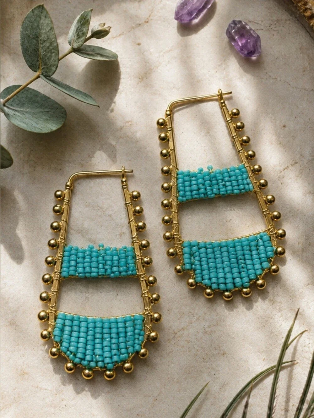 Aqua Turquoise Seed Bead Statement Hoop Earrings Boho Artisan Gold Woven 2